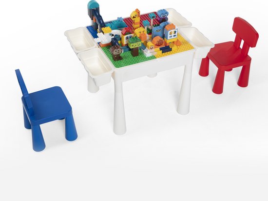 【Profi Promo】Bouwtafelset voor LEGO & DUPLO - Multifunctioneel Kinderbouwtafel met 2 stoelen + 4 Opbergbakken - Constructietafel, Kinderwerktafel, Speeltafel, Zandbak, Watertafel - Kindertafel en stoelen - Klassieke Lego-kleuren