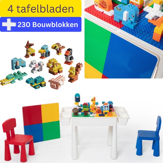 【Profi Promo】Bouwtafelset + 230-delig Grote Bouwstenen - Multifunctioneel Kinderbouwtafel voor LEGO & DUPLO met 2 stoelen + 4 Opbergbakken - Constructietafel, Kinderwerktafel, Speeltafel, Zandbak, Watertafel - Kindertafel en stoelen - Lego-kleuren