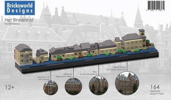 Bricksworld BOC-SKY-BIN BOC Architectuur Skyline Binnenhof-Den Haag modules Mauritshuis, Torentje, Ministerie van Algemene Zaken & 1e Kamer Staten Generaal. Samengesteld uit originele nieuwe LEGO® onderdelen.