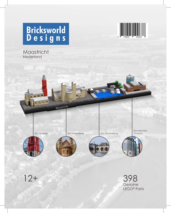 Bricksworld BOC-SKY-MST BOC Architectuur Skyline Maastricht (NL) modules St. Janskerk, St. Servaaskerk, St. Servaasbrug & Bonnefanten Museum. Samengesteld uit originele nieuwe LEGO® onderdelen.