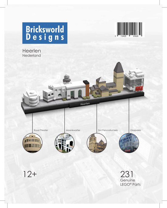 Bricksworld BOC-SKY-HRL BOC Architectuur Skyline Heerlen (NL) modules Royal Theater, Maankwartier, Pancratiuskerk & Schunck Glaspaleis. Samengesteld uit originele nieuwe LEGO® onderdelen.