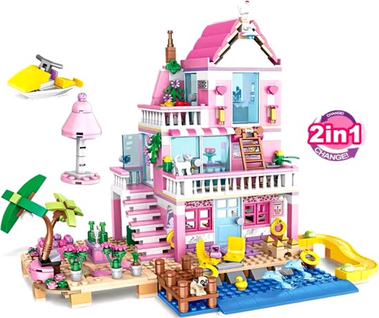 Bricks99 Zomervakantiehuis Villa aan Zee 822-delige 2-in-1 bouwstenenset 33cm wit/roze | Lego compatibel | Leeftijd 6+