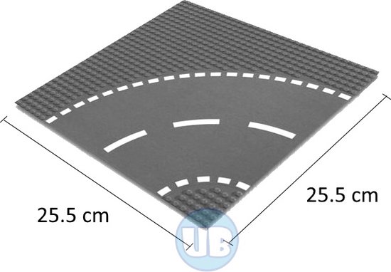 Uniblocks City wegenplaat bocht - 25,5 x 25,5 cm | City wegplaat recht - bocht -Tsplitsing - kruising | combineer met Lego wegenplaten | grondplaten 32x32 noppen | afmeting25, 5 m x 25,5cm |wegen | auto's | Geschikt voor LEGO | wegplaat