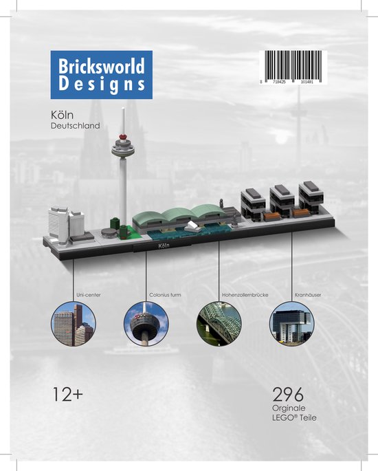 Bricksworld BOC-SKY-KOL BOC Architectuur Skyline Köln (D) modules Uni-Center, Colonius, Hohenzollerbrücke & Kranhäuser. Samengesteld uit originele nieuwe LEGO® onderdelen.