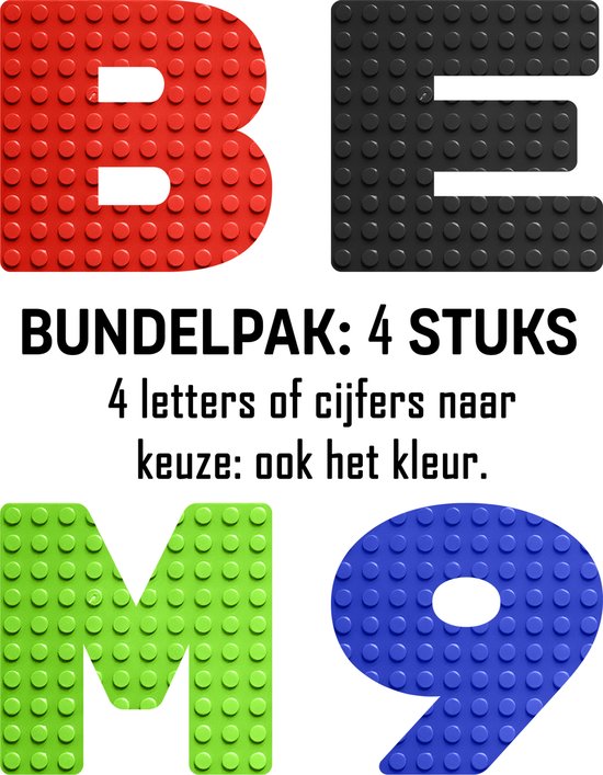 Bouwplaat / Grondplaat - letters & cijfers: Bundelpak: 4 letters of cijfers - 8cm - Geschikt voor LEGO - city stenen - bouwplaat - city classic technic - cadeau - speelgoed - kaart - taarttopper - decoratie