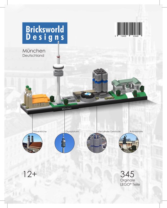 Bricksworld BOC-SKY-MUN BOC Architectuur Skyline München (D) modules Frauenkirche, Olympiaturm, Vierzylinder & Ruhmeshalle. Samengesteld uit originele nieuwe LEGO® onderdelen.