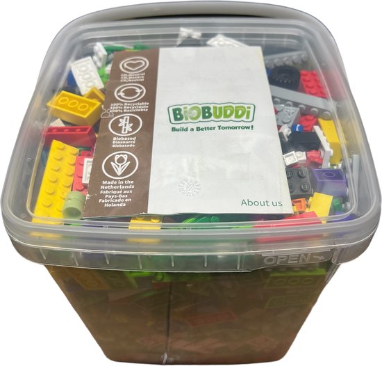 Biobuddi Mix van Ongeveer 2000 Stenen 2 Kilo (Compatible met o.a. Lego) in Emmer + 4 x Base-plate