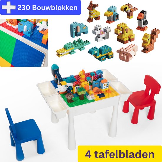 【Alles-in-1 Profi Promo】Bouwtafel + 230-delig Grote Bouwstenen - Kindertafel met 2 Stoeltjes en 4 Bakjes - Blokkentafel - Speeltafel - Blokken Tafel Kinderen - Constructie Speelgoed 2, 3, 4, 5Y - Geschikt voor Duplo (Grote) & Lego (Kleine) Bouwstenen