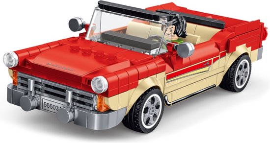 Bouwblokjes vintage cabrio sportauto, 370 blokjes | te combineren met Lego | auto cabrio bouwpakket | rode sportwagen bouwpakket