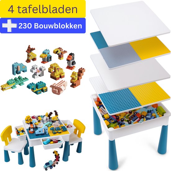 【Alles-in-1 Profi Promo】Bouwtafel set + 230 Bouwblokken met 2 Stoeltjes en 4 Bakjes - Blokkentafel - Speeltafel - Blokken Tafel Kinderen - Constructie Speelgoed 2, 3, 4, 5Y - Geschikt voor Duplo (Grote) & Lego (Kleine) Bouwstenen【WonderMind BT-S001】