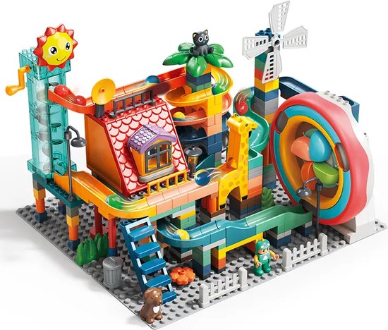 Feelo - Knikkerbaan dieren pretpark incl. bouwplaat | Educatief speelgoed meisjes en jongens kinderen | Racebaan achtbaan marble rush knikkerbanen | compatibel met lego duplo / mega bloks niet met vtech | 330 blokken | Sinterklaas & Sint cadeautjes