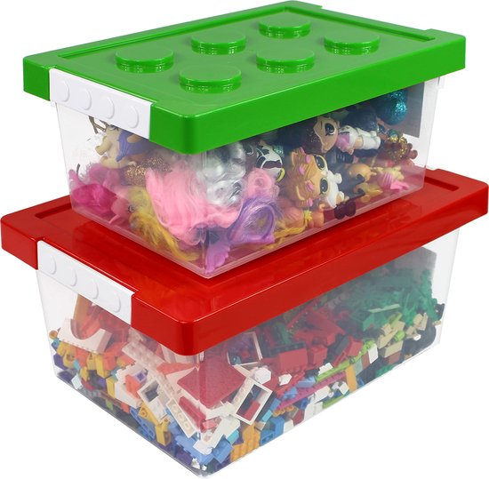 Bins & Things Speelgoedorganisatoren en -opbergset van 2 grote en kleine stapelbare opbergbakken - Doorzichtige speelgoedopbergbak - Lego-organizers en -opslag voor Barbie-poppen, Hot Wheel-speelgoedbakken voor kinderorganizer