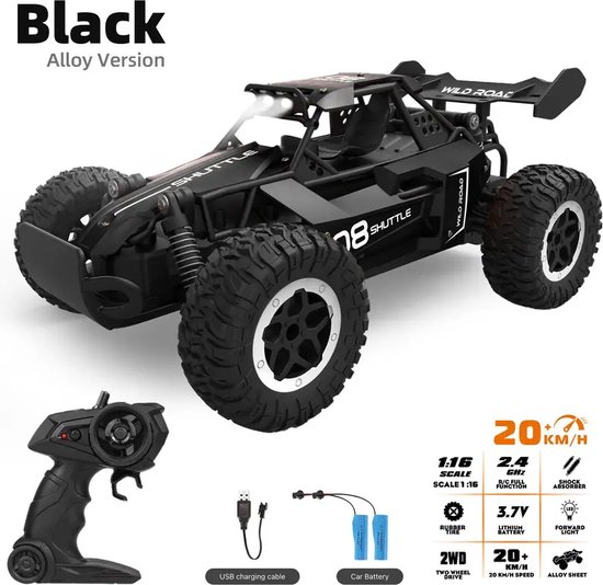 Alloy Black Bestuurbare Auto + Extra Accu - All Terrain Off-Road Elektrische Speelgoedauto - RC Voertuig voor Jongens en Meisjes - Radiografisch Bestuurbare Auto voor Binnen en Buiten - 1:16 2.4G Dubbele Batterij - Snelheid Tot 20 Km/u - Afstandsbedi