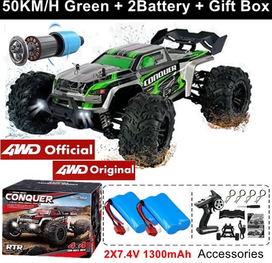 RC Monstertruck - Afstandsbestuurbare Auto - Afstandsbestuurbare Monstertruck - Off Road - Hoge Snelheid Drift Racing - Met Led Verlichting - 4x4 - IPX4 Waterproof - 2 x Batterij - 50 KM/UUR - Schaal 1:16 - Groen