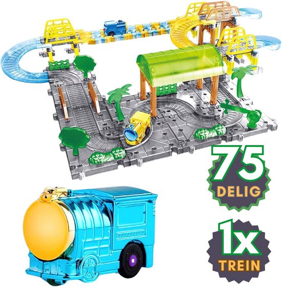 Splicing - 75-delig trein electrisch locomotief treinbaan | Speelgoed voor meisjes en jongens kinderen van 1 2 3 4 jaar | niet compatibel met lego duplo , mega bloks of vtech toet toet auto's | Racebaan bouwpakket | Sinterklaas & Kerst cadeautjes