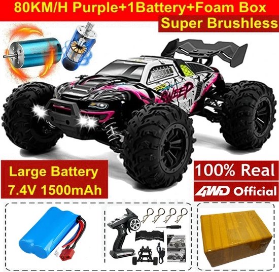 Bestuurbare Auto - RC Auto - Off Road Monster Truck - Off Road Monster Truck - 1 Meegeleverde Accu - 80kph - Paars