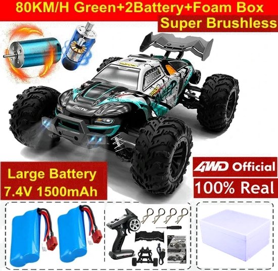 RC Monstertruck - Afstandsbestuurbare Auto - Afstandsbestuurbare Monstertruck - Off Road - Hoge Snelheid Drift Racing - Met Led Verlichting - 4x4 - IPX4 Waterproof - 2 x Batterij - 80 KM/UUR - Schaal 1:16 - Groen/Zwart