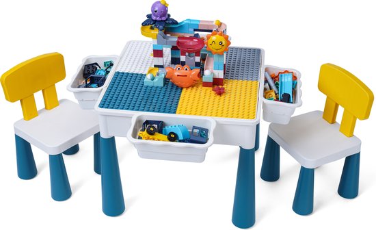 Bouwtafelset voor LEGO & DUPLO + 152 Bouwblokken - Multifunctioneel Kinderbouwtafel met 2 stoelen + 4 Opbergbakken - Constructietafel, Kinderwerktafel, Speeltafel, Zandbak, Watertafel - Kindertafel en stoelen - Klassieke Mondriaan