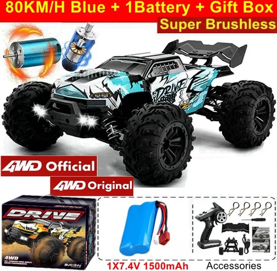 RC Monstertruck - Afstandsbestuurbare Auto - Afstandsbestuurbare Monstertruck - Off Road - Hoge Snelheid Drift Racing - Met Led Verlichting - 4x4 - IPX4 Waterproof - 1 x Batterij - 80 KM/UUR - Schaal 1:16 - Blauw