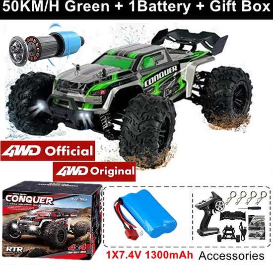 RC Monstertruck - Afstandsbestuurbare Auto - Afstandsbestuurbare Monstertruck - Off Road - Hoge Snelheid Drift Racing - Met Led Verlichting - 4x4 - IPX4 Waterproof - 1 x Batterij - 50 KM/UUR - Schaal 1:16 - Groen