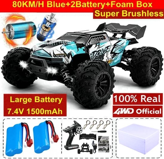 RC Monstertruck - Afstandsbestuurbare Auto - Afstandsbestuurbare Monstertruck - Off Road - Hoge Snelheid Drift Racing - Met Led Verlichting - 4x4 - IPX4 Waterproof - 2 x Batterij - 80 KM/UUR - Schaal 1:16 - Blauw