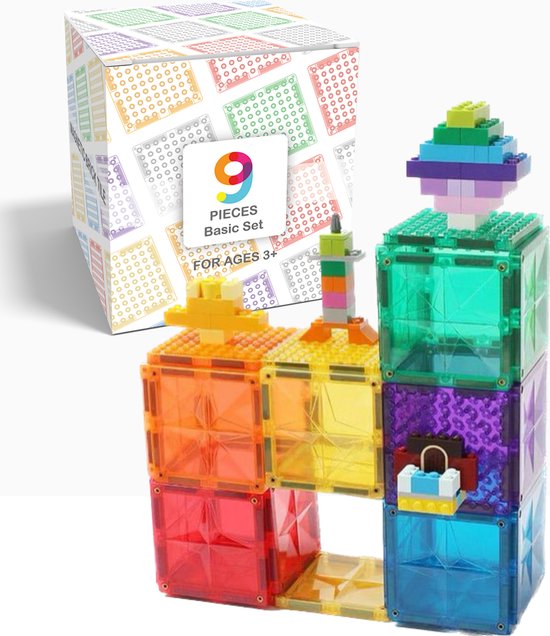 MNTL - Magnetic Tiles - Combineer Met Grote Merken - Brick Stenen - 9 Stuks - Magnetisch Bouwspeelgoed - Educatief Speelgoed - Magnetische Bouwstenen - Combineer Met Lego Duplo - Magnetische Tegels - STEM Speelgoed