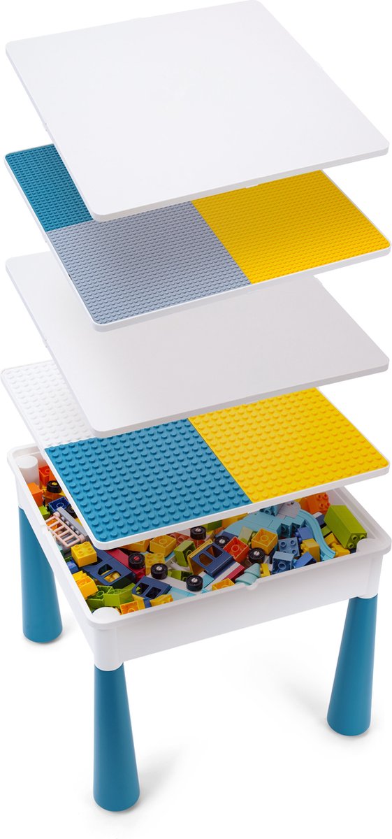 【Ultieme Bouwtafel incl. 152 Blokken】Compatibel met LEGO & DUPLO - Kindertafel met 2 Stoeltjes en 4 Bakjes - Blokkentafel - Speeltafel - Knutseltafel - Zandbak - Waterspeelbak - 2* Bouwplaat voor Grote Bouwstenen Kleine Bouwstenen【WonderMind BA-S003】