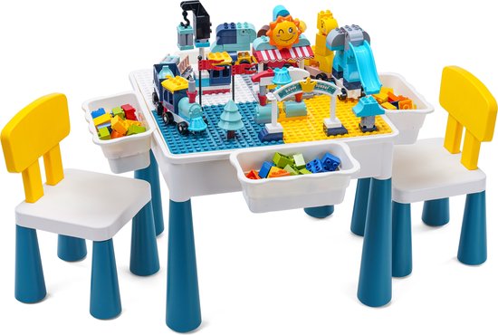 【Ultieme Bouwtafel incl. 173 Blokken】Compatibel met LEGO & DUPLO - Kindertafel met 2 Stoeltjes en 4 Bakjes - Blokkentafel - Speeltafel - Knutseltafel - Zandbak - Waterspeelbak - 2* Bouwplaat voor Grote Bouwstenen Kleine Bouwstenen【WonderMind BA-S002】