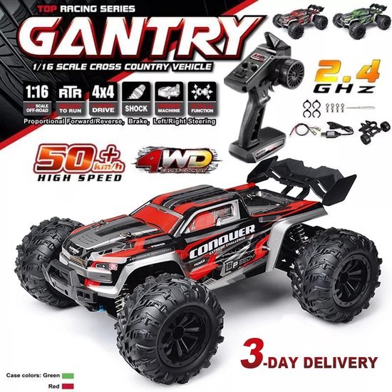 Bestuurbare Auto - RC Auto - Off Road Monster Truck - Off Road Monster Truck - 4 Meegeleverde Accu's - 50kph - Rood