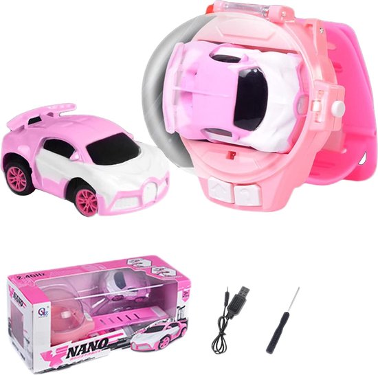 DrPhone MiniCars1 – 2.4 GHz Bestuurbare Mini Auto Voor Kinderen – Bestuurbare Auto Met Horloge Station – Met Horloge Controller – Roze