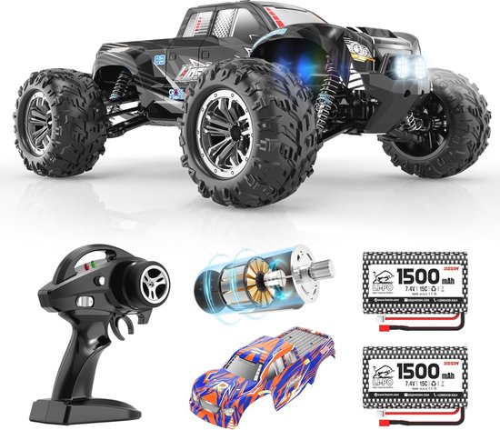 Offroad RC Monster Truck 1/10 met Verlichting - 48 km/u, 2 Accu's, 40+ Min Speeltijd voor Kinderen en Volwassenen