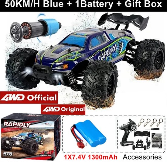 RC Monstertruck - Afstandsbestuurbare Auto - Afstandsbestuurbare Monstertruck - Off Road - Hoge Snelheid Drift Racing - Met Led Verlichting - 4x4 - IPX4 Waterproof - 1 x Batterij - 50 KM/UUR - Schaal 1:16 - Blauw