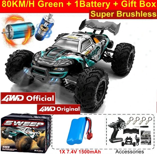 RC Monstertruck - Afstandsbestuurbare Auto - Afstandsbestuurbare Monstertruck - Off Road - Hoge Snelheid Drift Racing - Met Led Verlichting - 4x4 - IPX4 Waterproof - 1 x Batterij - 80 KM/UUR - Schaal 1:16 - Groen/Zwart