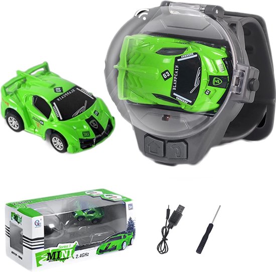 DrPhone MiniCars1 – 2.4 GHz Bestuurbare Mini Auto Voor Kinderen – Bestuurbare Auto Met Horloge Station – Met Horloge Controller – Groen