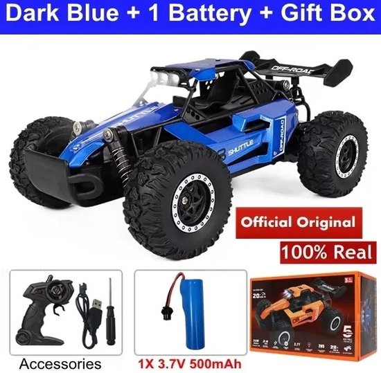 2.4Ghz Anti-Jamming - Technologie BLAUW Radio 1:16 Model Snelle Rc Auto Led Knipperende Koplampen 2wd Off Road Afstandsbediening + 1 Accu's Racing Drift Klimauto Uitgerust Hoogwaardige Geborstelde Motoren Snelheid tot 20km/u RUWE Wegen - Zand- CADEAU