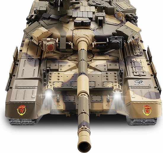 RC tank 23119 Panzer T-90 2.4GHZ pro-line Control edition rook geluid IR/BB metal tracks, loop en geleidewielen en luxe houten kist