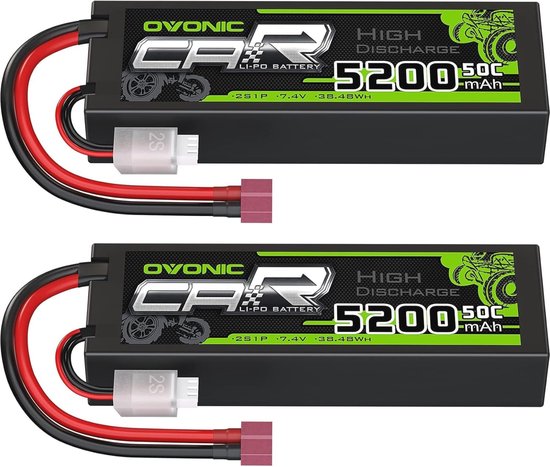 Lipo Batterij 5200mAh 50C 7.4V Hard Case met T Connector voor RC Vliegtuig, Helicopter, Auto en Boot - 2 Packs