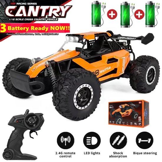 2.4Ghz Anti-Jamming - Technologie ORANJE Radio 1:16 Model Snelle Rc Auto Led Knipperende Koplampen 2wd Off Road Afstandsbediening + 3 Accu's Racing Drift Klimauto Uitgerust Hoogwaardige Geborstelde Motoren Snelheid tot 20km/u RUWE Wegen- Zand- CADEAU