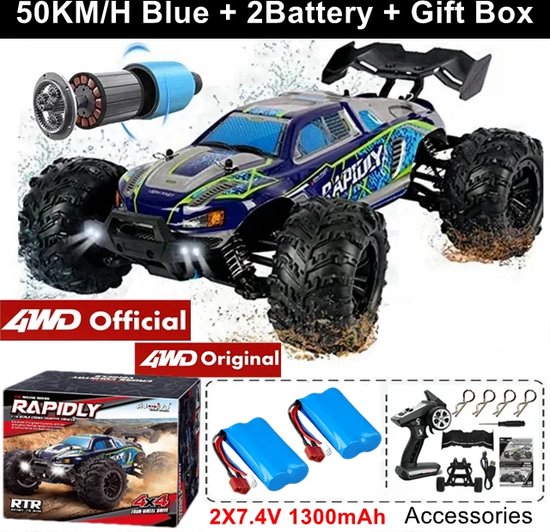 RC Monstertruck - Afstandsbestuurbare Auto - Afstandsbestuurbare Monstertruck - Off Road - Hoge Snelheid Drift Racing - Met Led Verlichting - 4x4 - IPX4 Waterproof - 2 x Batterij - 50 KM/UUR - Schaal 1:16 - Blauw