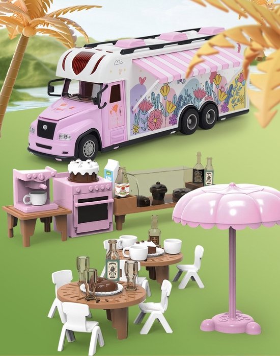 OodBlue-Roze RC Foodtruck – Afstandsbedienbare Campingauto met Licht & Geluid met Mini Meubels voor kinderen