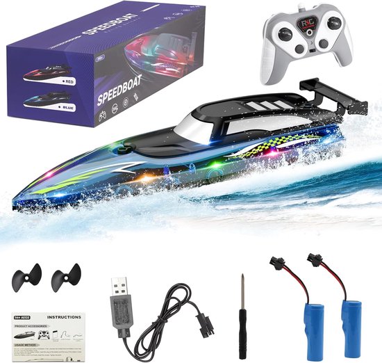 SpeedBoot 20 km/u hoge snelheid RC waterdichte boot met ledlicht 2.4 GHz raceboten voor zwembaden en meren met 2 accu's 50 minuten speelplezier voor kinderen en volwassenen