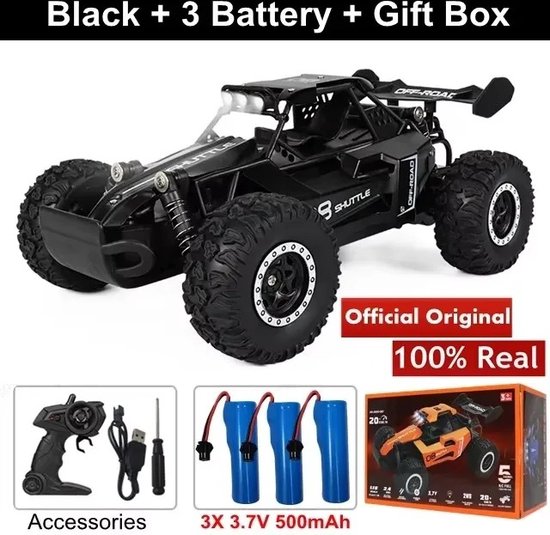 2.4Ghz Anti-Jamming - Technologie ZWART Radio 1:16 Model Snelle Rc Auto Led Knipperende Koplampen 2wd Off Road Afstandsbediening + 3 Accu's Racing Drift Klimauto Uitgerust Hoogwaardige Geborstelde Motoren Snelheid tot 20km/u RUWE Wegen- Zand - CADEAU