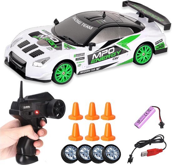 PolkaHome Op afstand bestuurde auto, 1:24 RC Drift Car, met werklampen, 30 km/u, 2,4 GHz, op afstand bestuurde auto's, speelgoed, RC auto, cadeaus voor kinderen vanaf 4, 5, 6, 7, 8 jaar en kinderen en