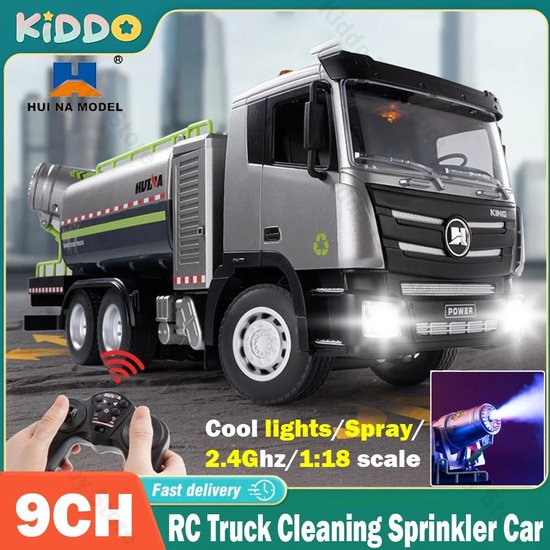 Huina 1/18 Rc Vrachtwagens 9ch Stadsreinigingssproeierwagen Met Lichte Stofonderdrukking Spuitpistool Sanitaire Technische Voertuiggeschenk- 9CH Legering Afstandsbediening Mistkanon Vrachtwagen -Gesimuleerde Spray, Koele Lichten DROOM CADEAU Sproeier