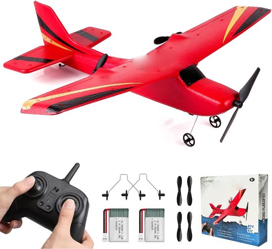 2-Kanaals RC Vliegtuig - Klaar om te Vliegen - 2.4GHz Afstandsbediening - Eenvoudige RC Glider voor Kinderen en Beginners - Rood