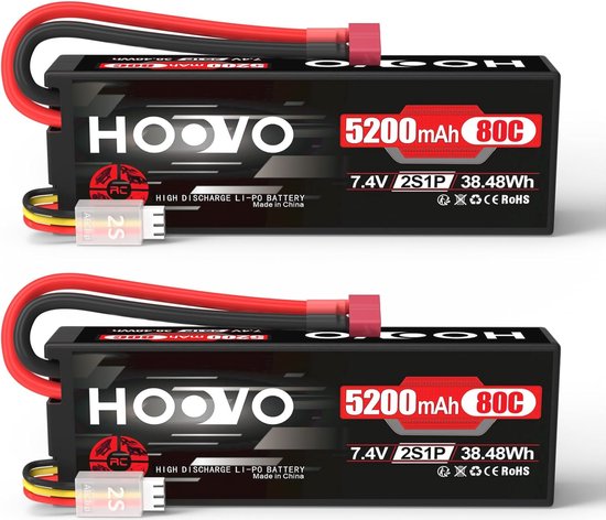 2S LiPo Batterij 7,4V 5200mAh 80C Hardcase met DEAN Stekker voor RC Voertuigen - 2 Stuks