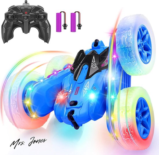 Mrs. Jones Auto met Afstandsbediening RC Stuntauto met LED-verlichting 2.4Ghz Dubbelzijdige 360 Flips Roterende Race Auto Oplaadbare Auto Kids Speelgoed voor Jongens Meisjes Verjaardagscadeau Blauw - Speelgoed Auto .