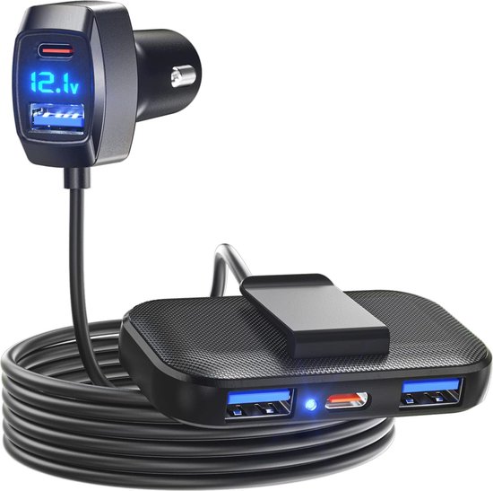 5 USB-poorten autolader voor auto met verlengkabel van 1,5 m - 31W