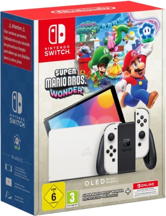 Nintendo Switch OLED bundel - Super Mario Bros. Wonder game + 12 maanden Online Lidmaatschap - Wit