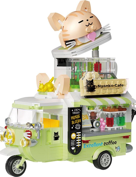 Zhe Gao Katten Cafe Truck | City & Friends Adventure | Retro Kawaii food truck | Classic Creator STEM speelgoed bouwpakket | Kermis & Pretpark Auto modelbouw voor kinderen & volwassenen | 656 bouwstenen (niet compatibel met Mould King of Lego stenen)